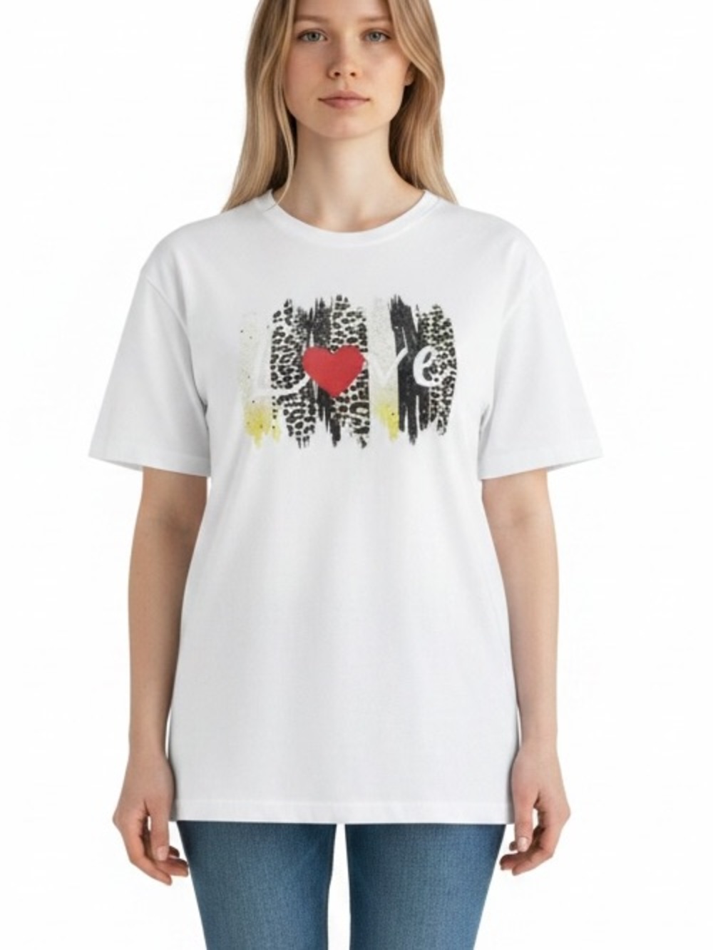 White Short Sleeve Tee with Red Heart Graphic